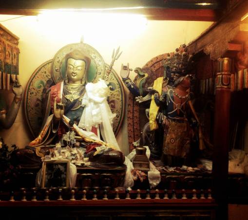 Small statues of Padma Sambhava with a completely open third eye (L) and the Vajrasatva (R) in Taktok gompa